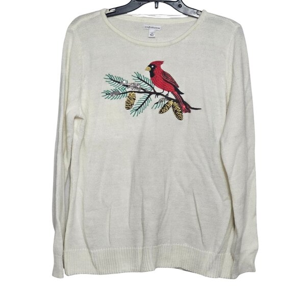 Croft & Barrow Womens Large Cream Sweater Cardinal Embroidery Sequins Holiday - Picture 1 of 8